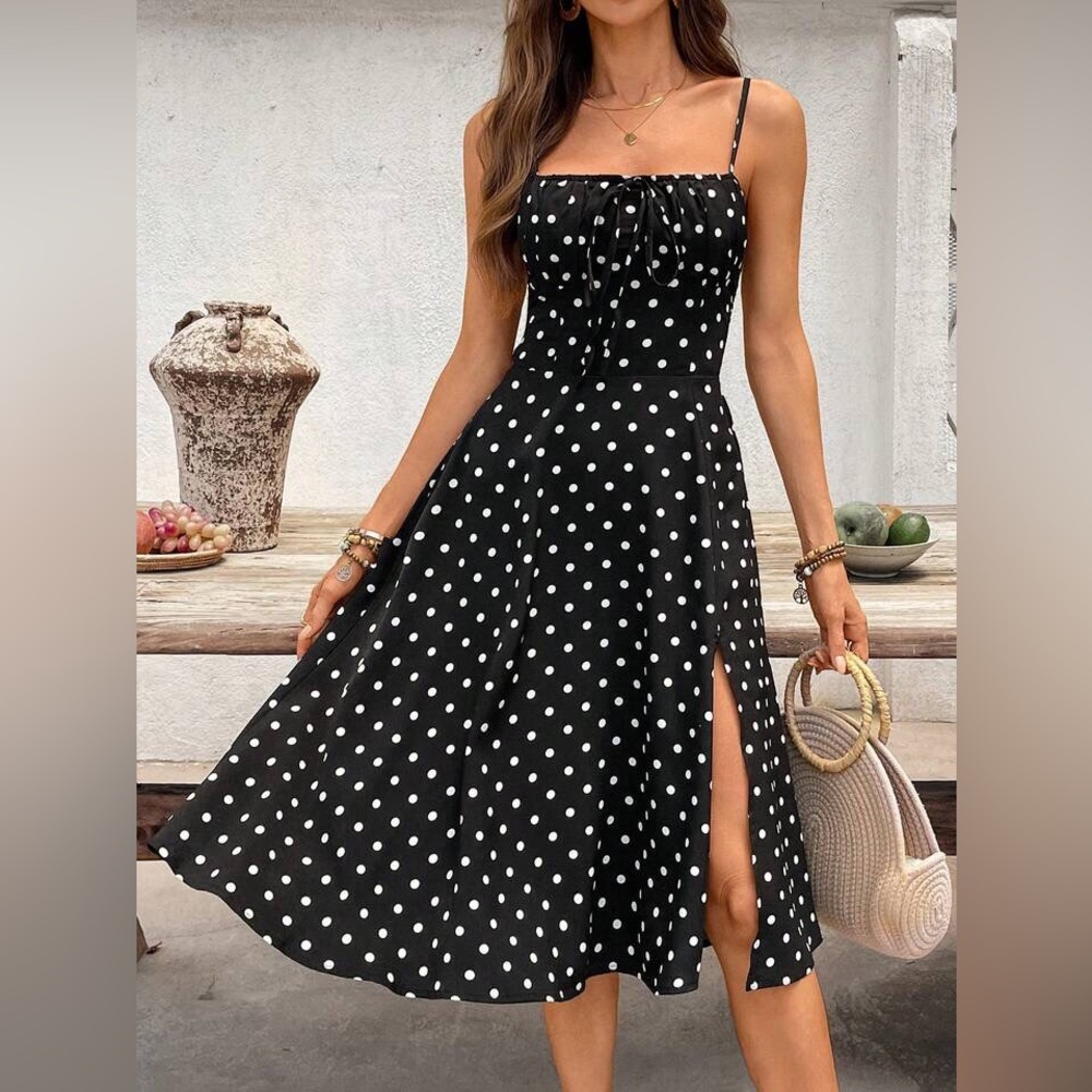 Polka Dot Slit Midi Dress